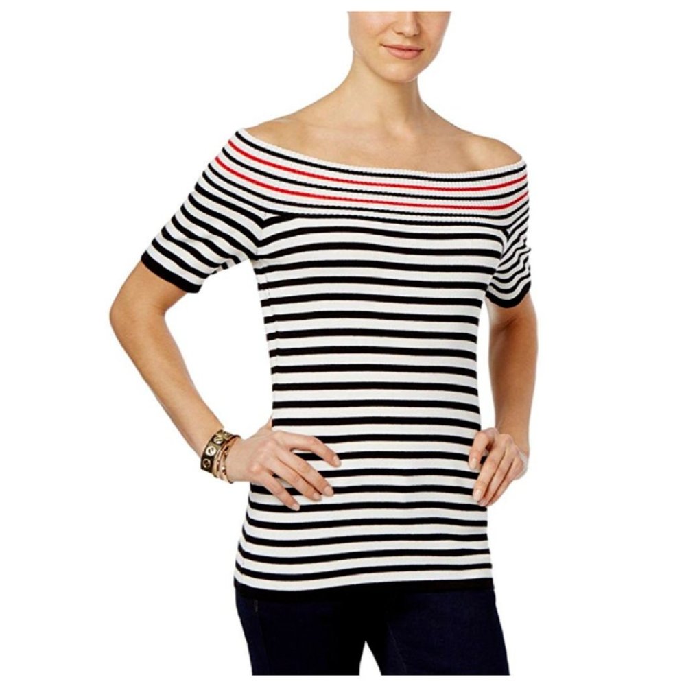Ny Collection Petite Striped Off-The-Shoulder Sweater, Size Petite Small